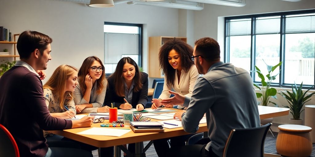 Group collaborating on an engagement strategy in a vibrant office.
