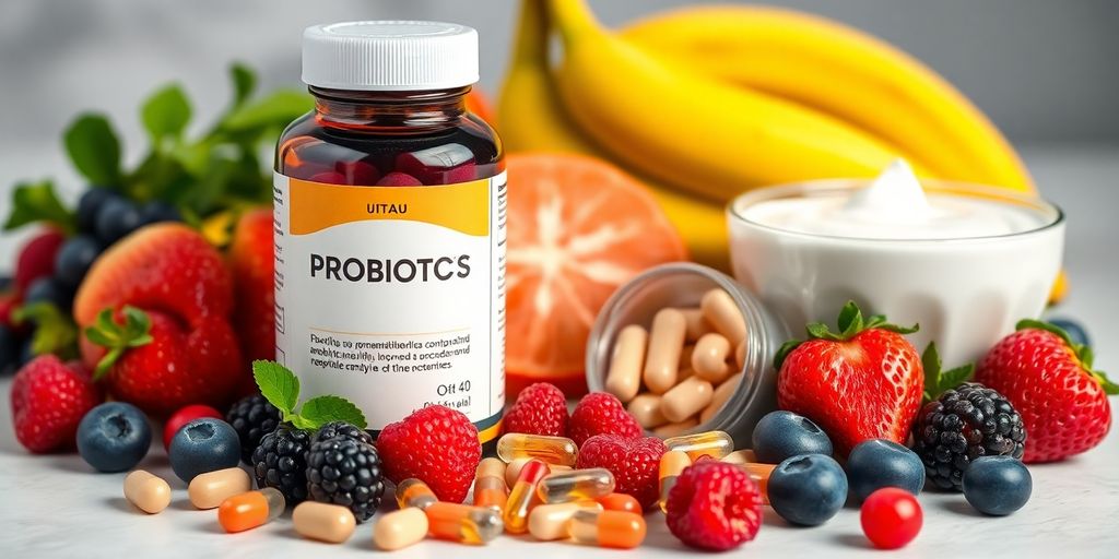 Cápsulas probióticas y yogur con fruta fresca.