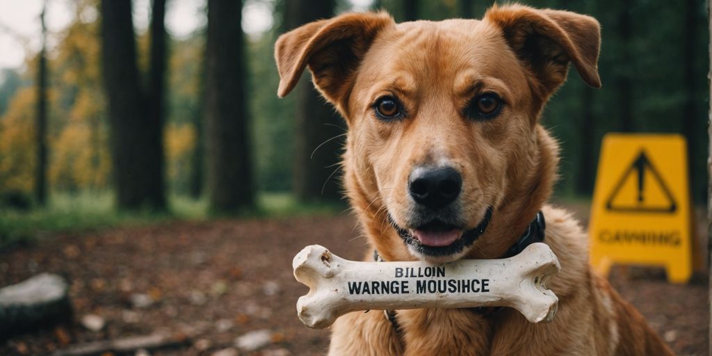 Dog chewing bone, warning sign nearby