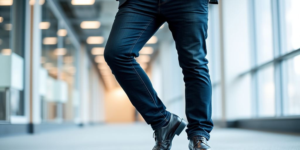 Professional in dark jeans and blazer in office