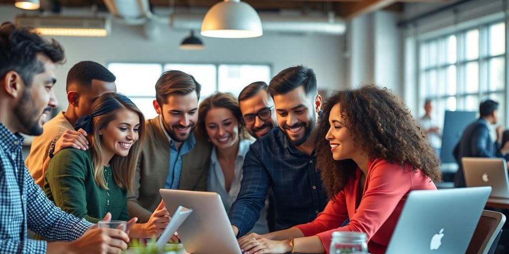 Diverse group collaborating on a bright, modern project.