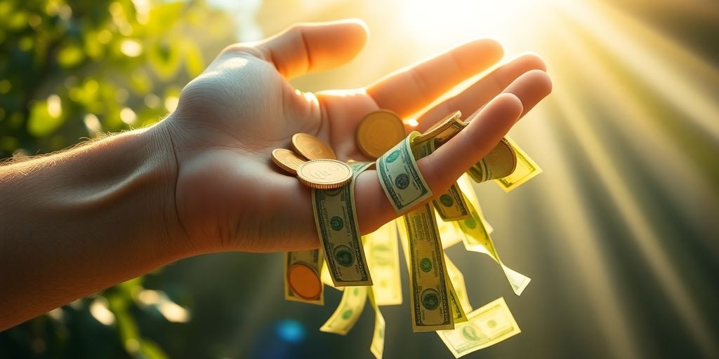 Person holding glowing coins and dollar bills.