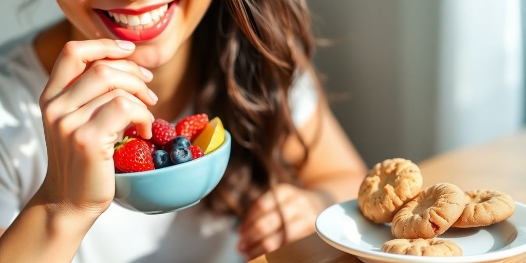 Woman enjoying a healthy fruit snack, resisting sugary treats.