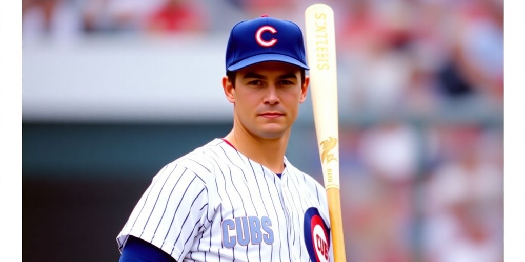 Ryne Sandberg in Cubs uniform, holding a bat.