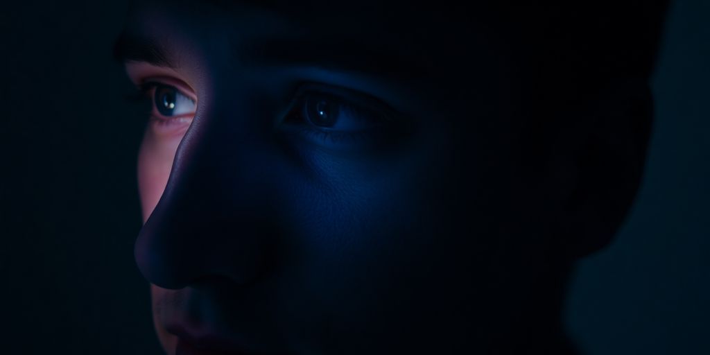 Man's face illuminated by glowing AI.