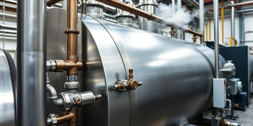 Close-up of an industrial steam boiler in a factory.