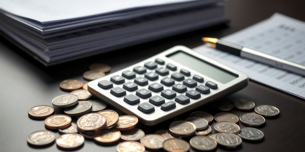 Calculator, coins, and financial documents on a desk.