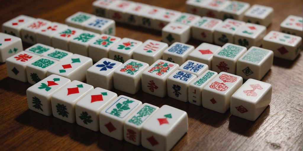 Mahjong tiles set on a wooden table for beginners.