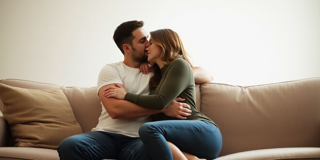 Couple embracing on a sofa.
