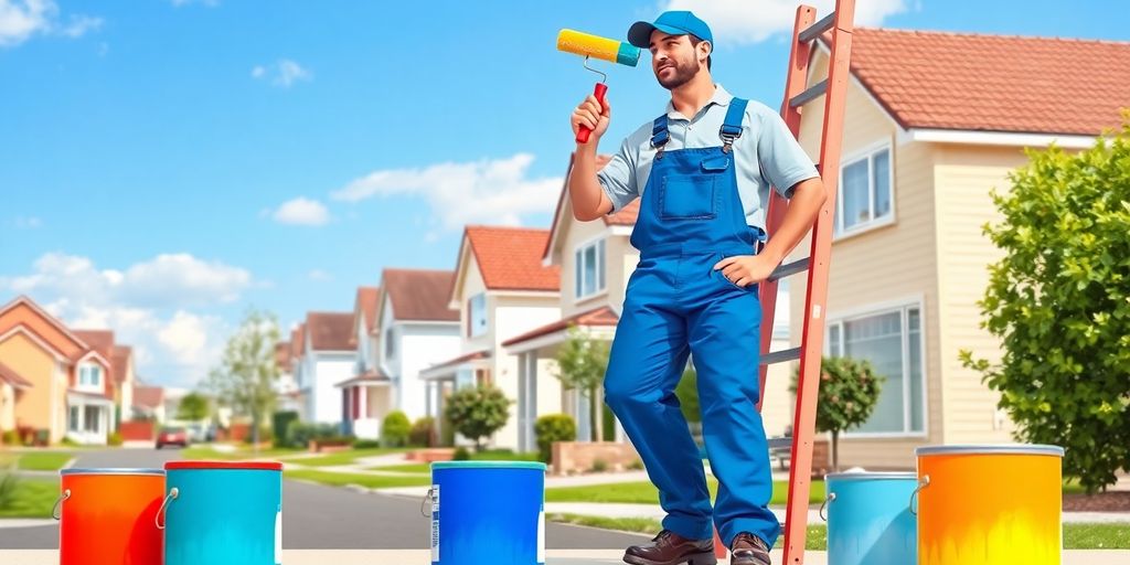 Painter holding brush and roller beside colorful paint cans outdoors