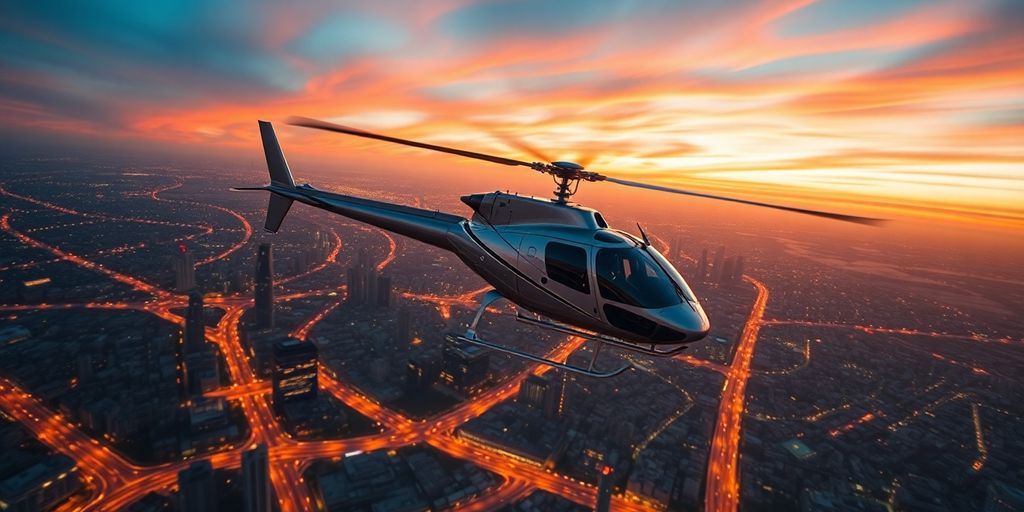 A modern helicopter flying over a sprawling city at sunset.