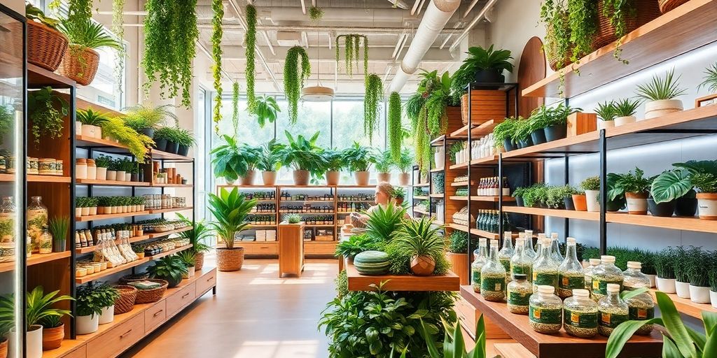 Retail store interior with greenery and eco-friendly products.