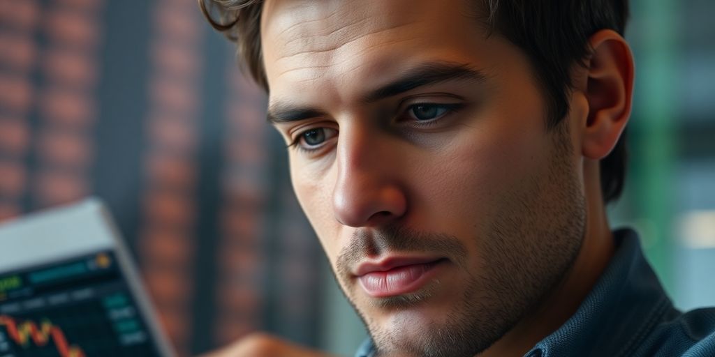 Person studying stock market data with a focused expression.