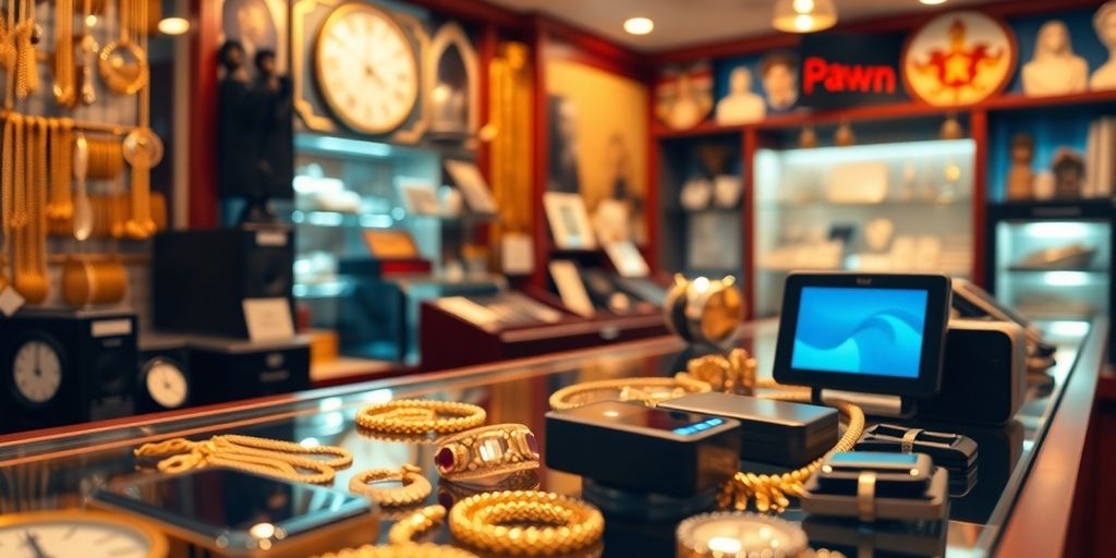 Boutique de prêt sur gage avec divers objets exposés.