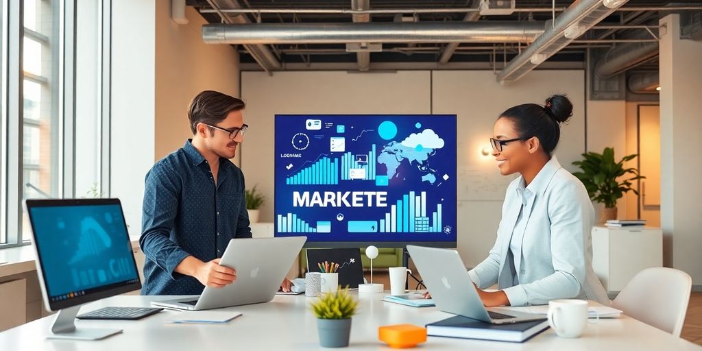 Profissionais de marketing digital em ambiente de escritório moderno.