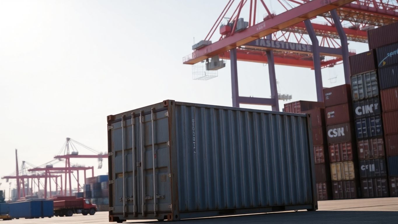 A 20-foot shipping container sits in a port.