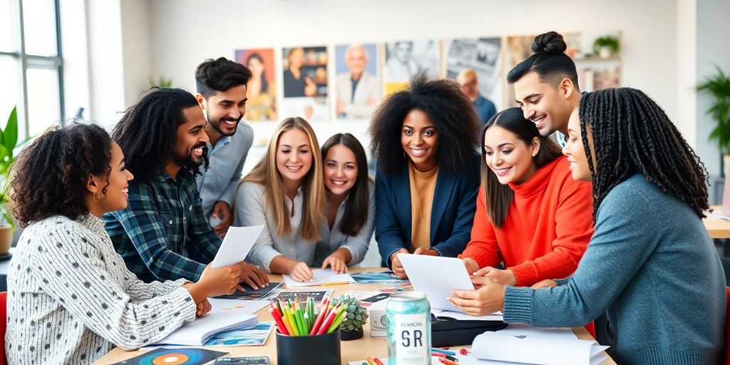 Diverse influencers collaborating in a creative workspace.