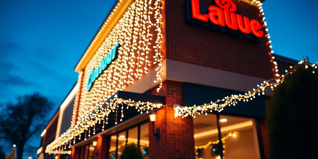 Ladue business exterior, festive Christmas lights