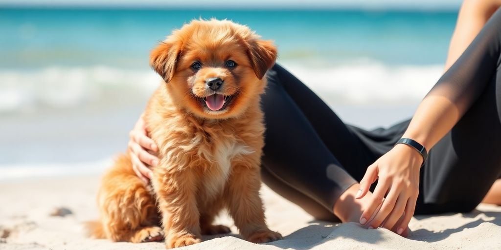 Puppy and owner bonding on Coogee beach
