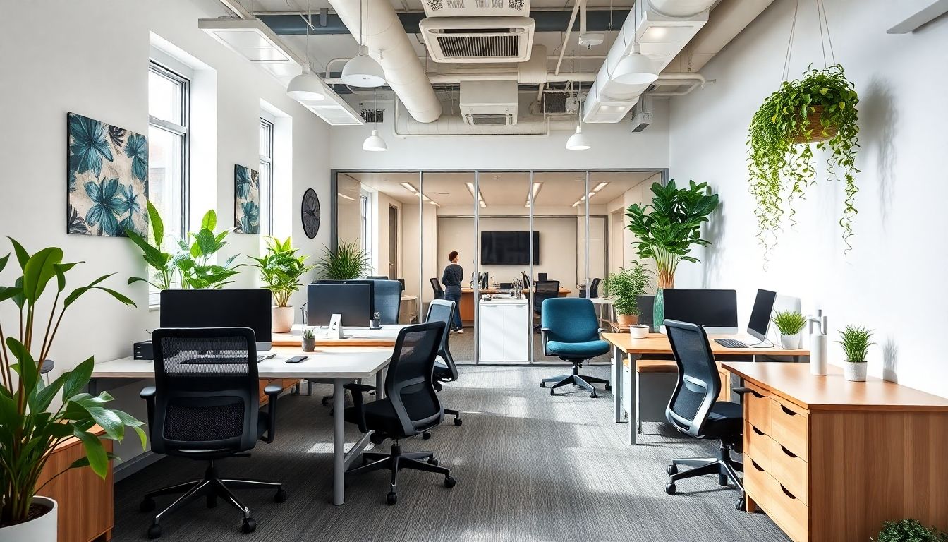 Modern small office with ergonomic furniture and plants.