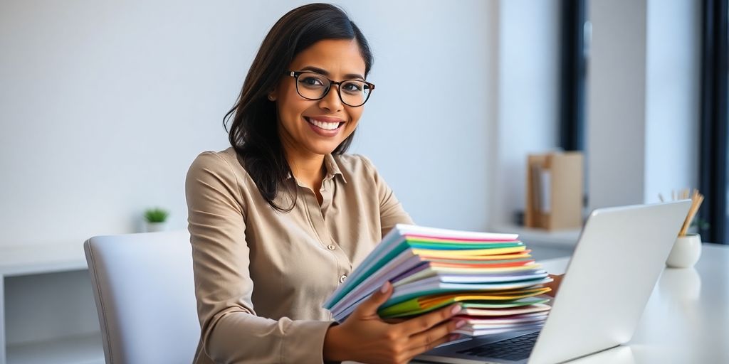 Office assistant smiling, organizing documents at modern desk.