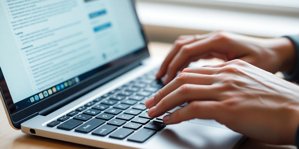 A person typing on a laptop, creating a document.