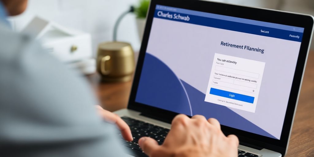 Person logging into Charles Schwab retirement account on laptop.