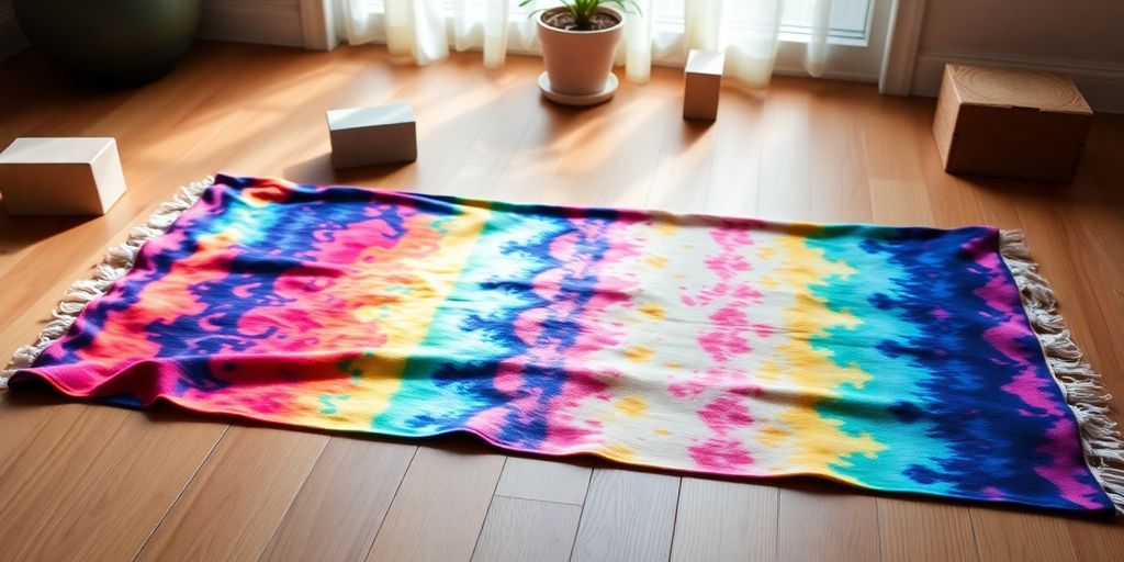 Colorful yoga towel on wooden floor with plants.