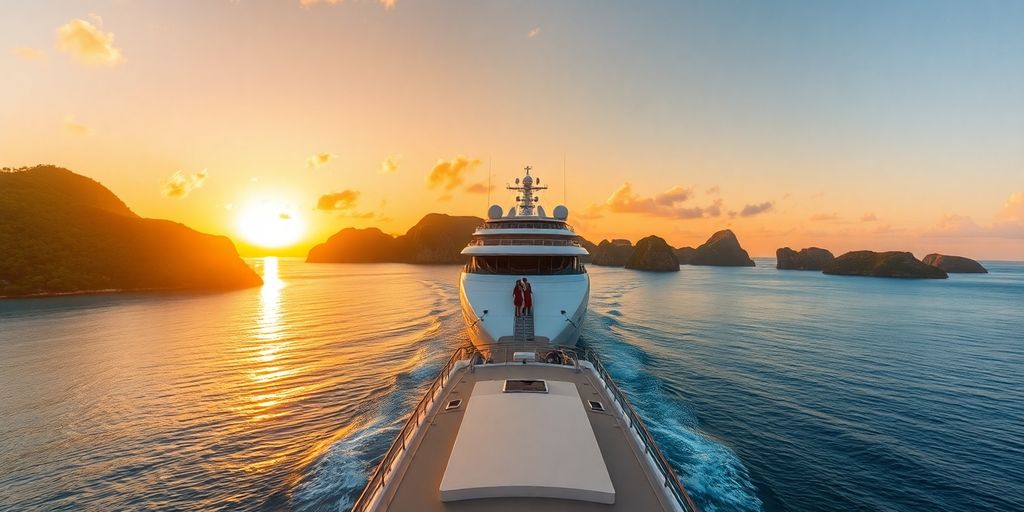 Luxury cruise ship on tranquil blue waters at sunset.