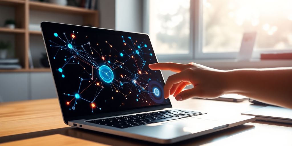 Laptop with neural network patterns, hand interacting
