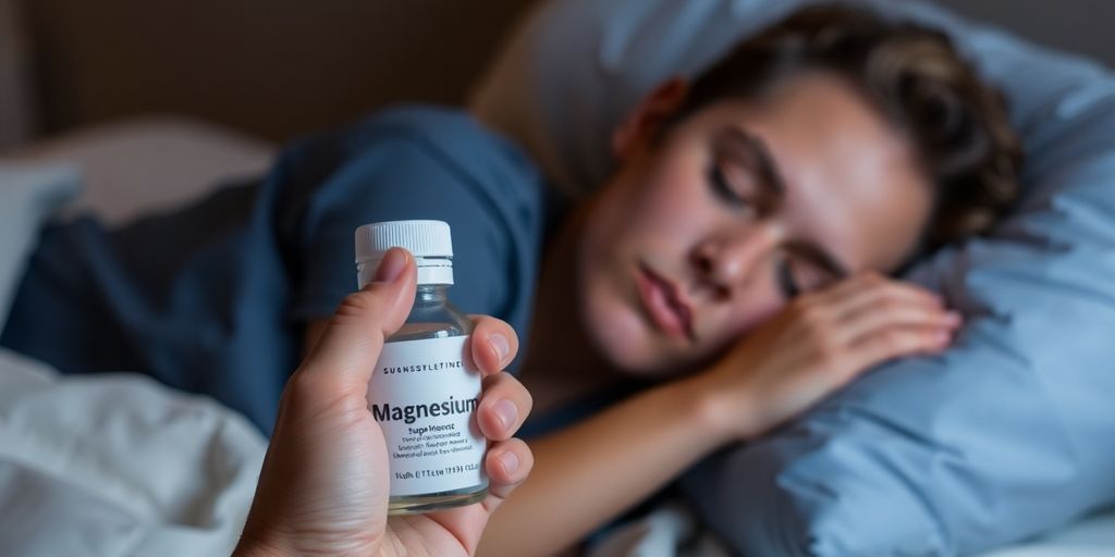 Magnesium supplement bottle, sleeping person.