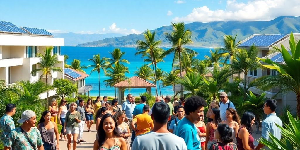 Maui residents engage in a modern community space with sustainable buildings.