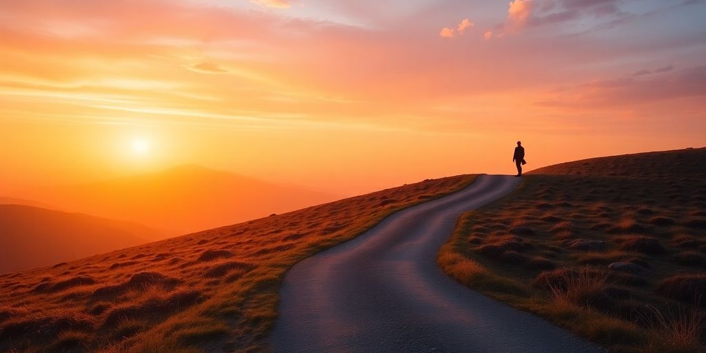 A person standing on a path, looking towards a bright horizon.