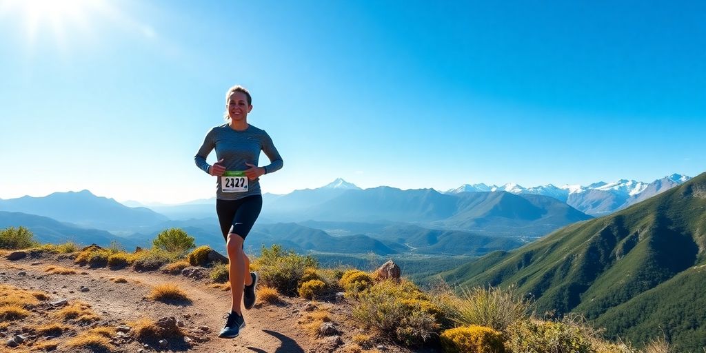 Runner training on a scenic trail for a marathon.