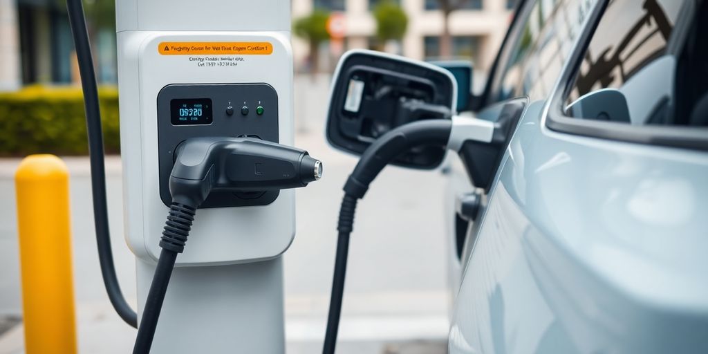 Electric vehicle charging station with a car connected.