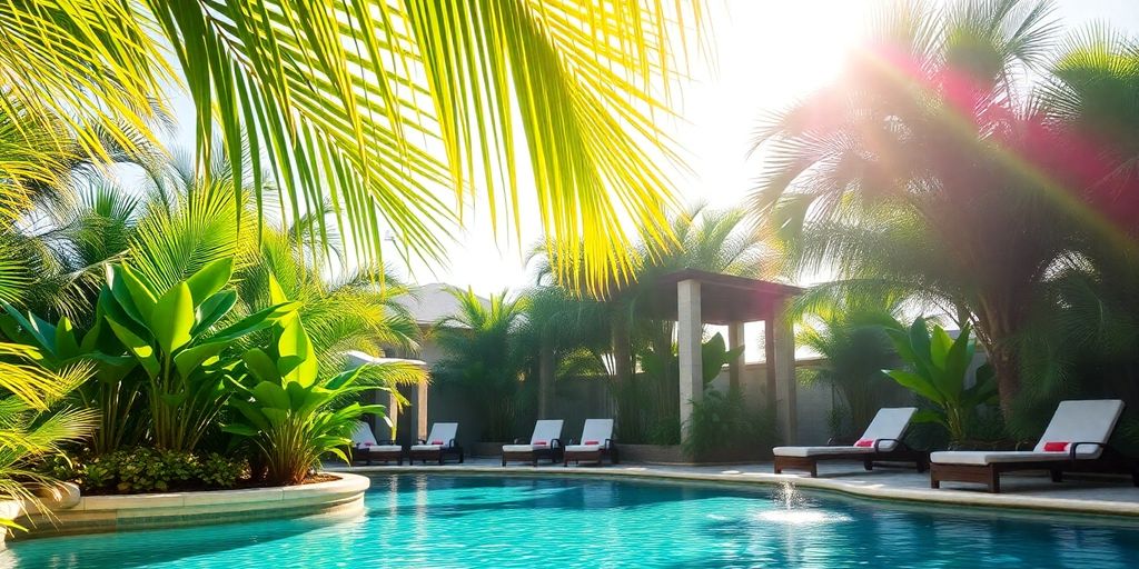 Tropical spa with palm trees and clear blue water.