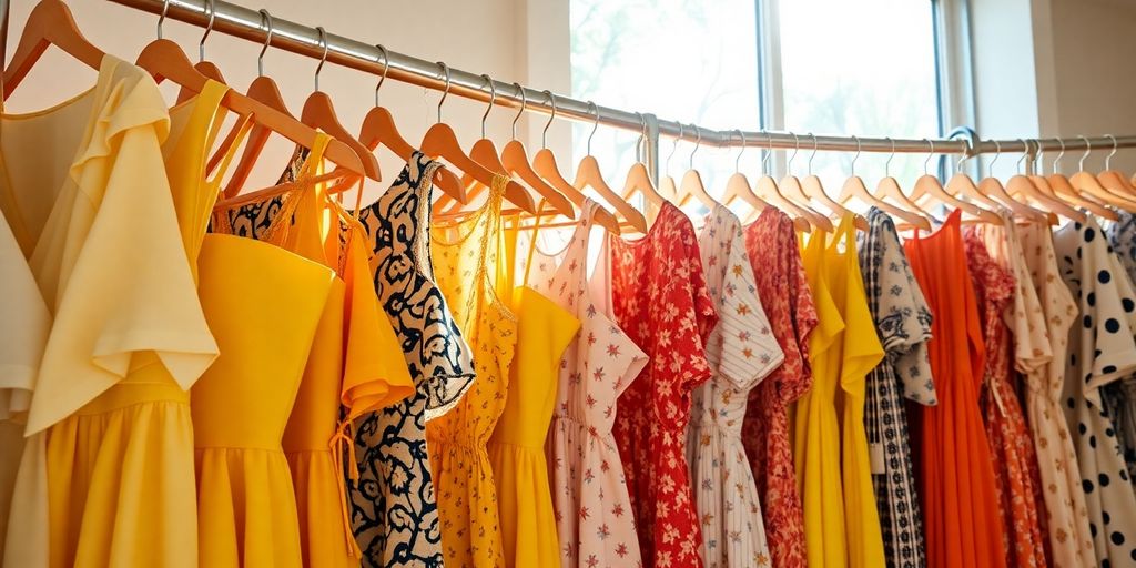 Zara clothing rack with vibrant summer dresses.