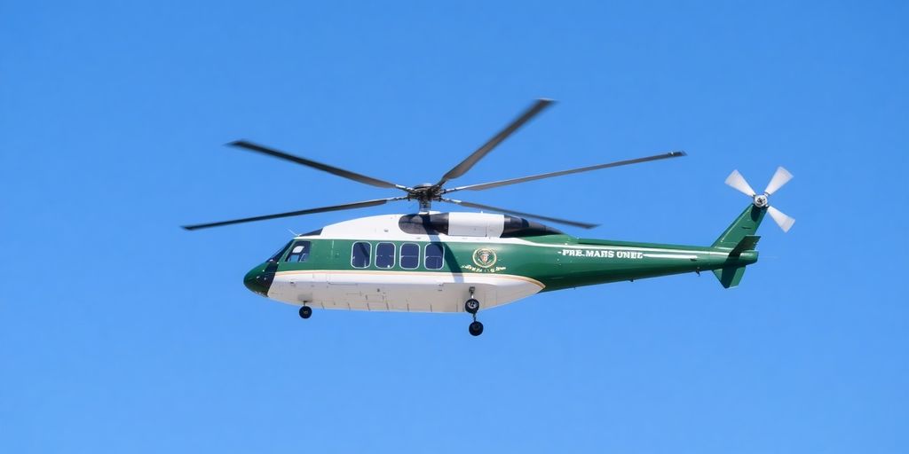 Green and white presidential helicopter in flight.