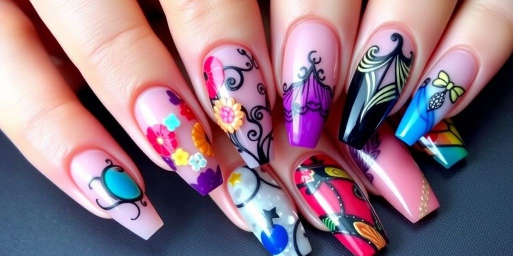 Unhas de gel decoradas com cores vibrantes e designs únicos.