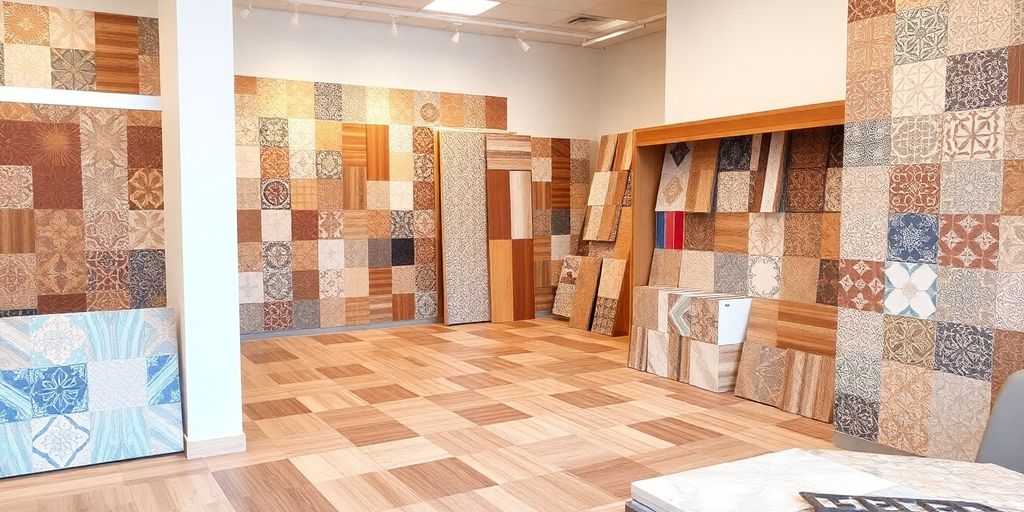 Colorful floor tiles displayed in a bright showroom.
