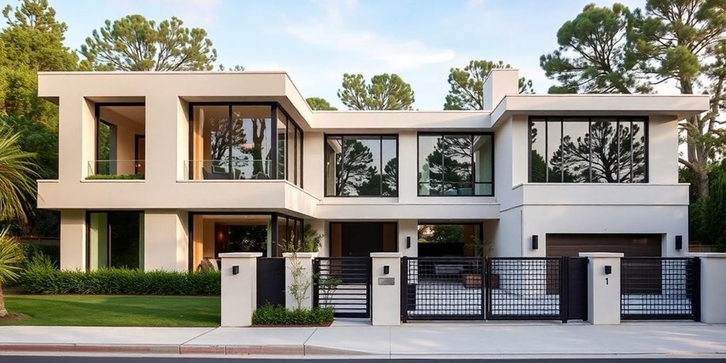 Modern house exterior with security features and landscaping. Modern house exterior with security features and landscaping.