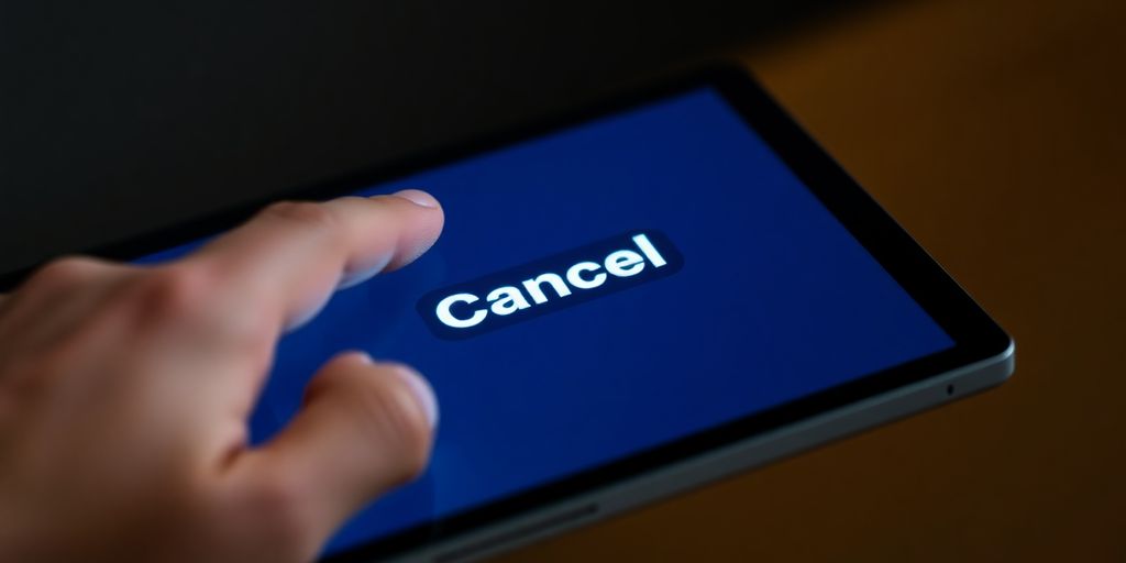 Finger taps cancel button on a tablet screen.