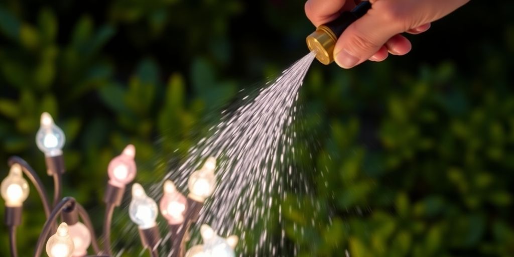 Waterproof lights illuminate an outdoor holiday display.