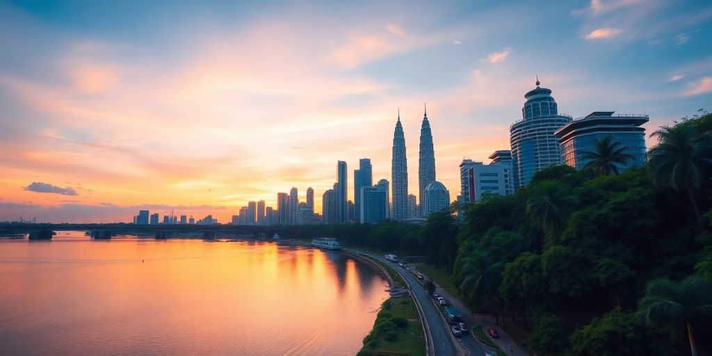 Malaysian skyline at sunset with lush greenery.