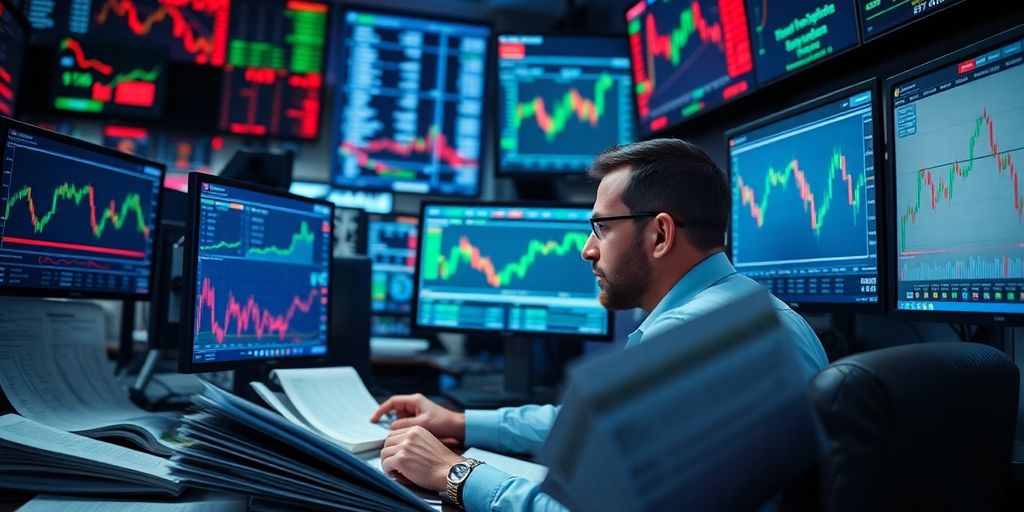 Trader analyzing market data with vibrant charts and screens.
