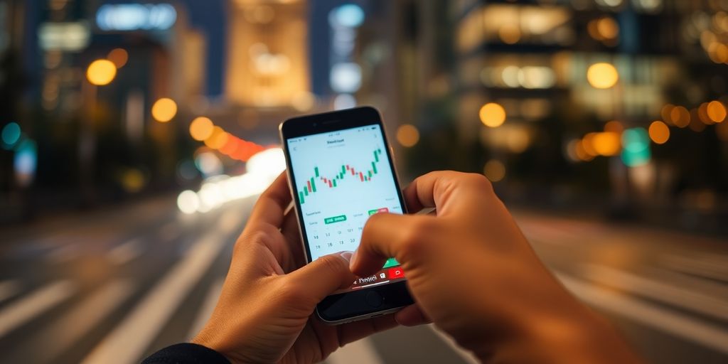 Hand holding smartphone with trading app at night.