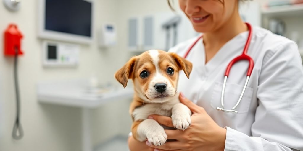 New pet owner with puppy at the vet clinic.