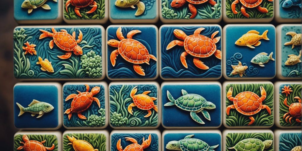 Colorful Mahjong tiles featuring artistic representations of sea creatures like fish, crabs, and turtles in intricate detail.