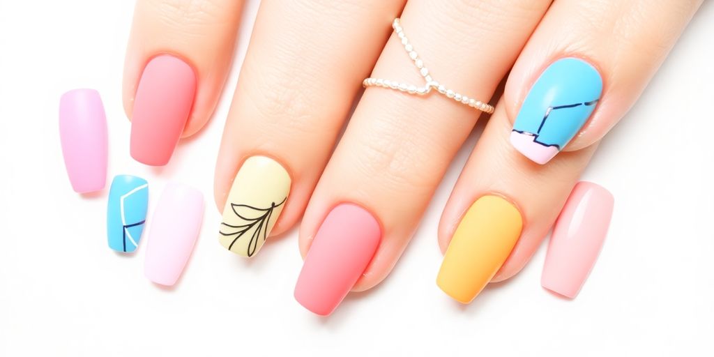 Bright, colorful summer nail designs on elegant hands.
