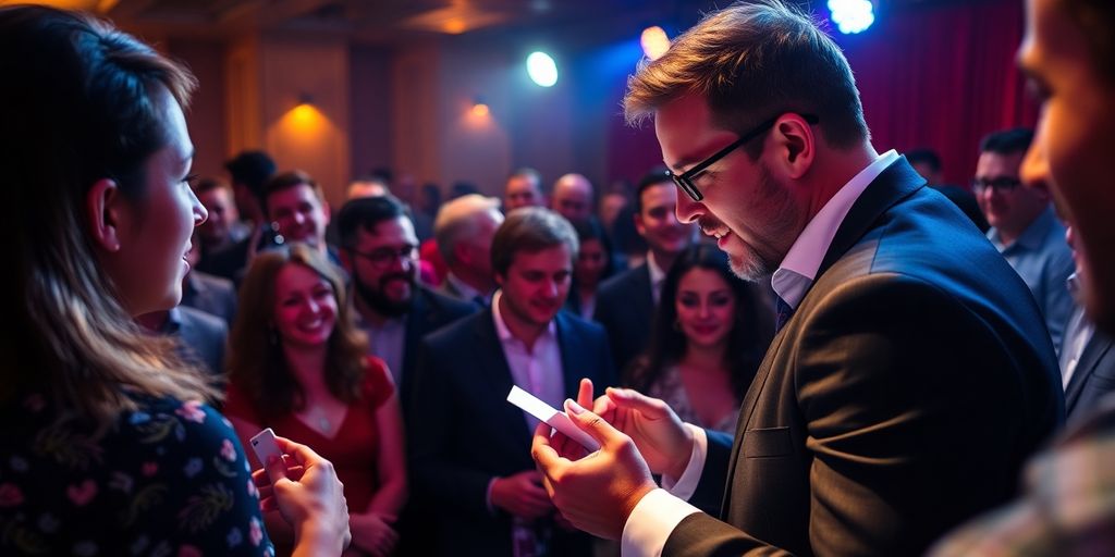Magician entertaining guests with close-up magic tricks.